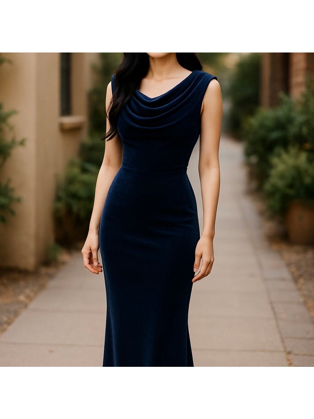 Alex Evenings Vintage Velvet Cowl Drape Maxi Gown Dress Women's 4 Navy Blue